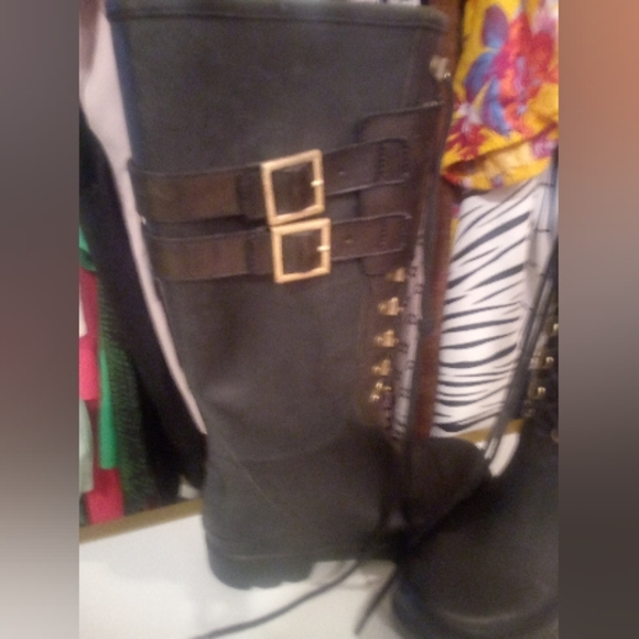 Tory Burch Goth Tall calf length rubber rain combat boots black gold lace up - Picture 12 of 16